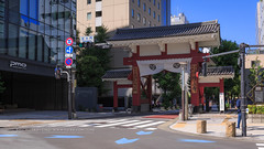 tokyo - the gate to the temple, the main gate, huge tiled roof, a curtain with the emblem of the temple, the red pillar, shibadaimon, tokyo, japan,  My favorite temple in Tokyo, Tokyo is hot every day...........in midsummer.