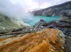 Volcano Kawah Ijen with crater lake and steaming vents, morning light, Eastern Java, Indonesia