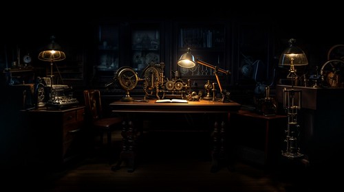 steam punk, computer, dark, on a steam punk desk