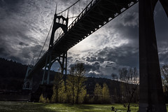 Pure Devine - Human Brilliance: The mighty standing St. Johns bridge on Willamette River at Cathedral Park (explored # 20, July 27th, 2023)