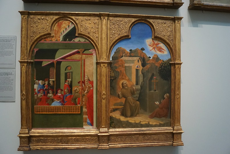 Saint Francis before the Pope The Granting of the Indulgence of the Portiuncula 1437-1444, Sassetta 1395–1450, National Gallery, Trafalgar Square, City of Westminster, London, WC2N 5DN<br/>© <a href="https://flickr.com/people/38298328@N08" target="_blank" rel="nofollow">38298328@N08</a> (<a href="https://flickr.com/photo.gne?id=53145121338" target="_blank" rel="nofollow">Flickr</a>)