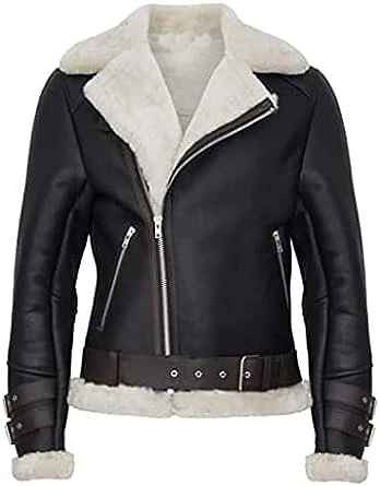 Jorde Calf Women’s Black Fur Collar Leather Jacket | Real Lambskin Zip Up Belted Aviator Leather Jacket For Women