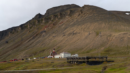 Longyearbyen church and masts of abandoned aerial tramway for the coal mines, Svalbard