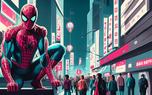 Spiderman in vintage walinking in street , crowd , realistic , dark fantasy .