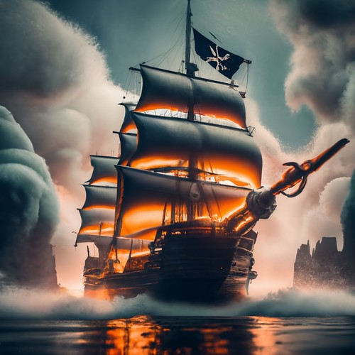 3D old pirate ship coming out of a bank of fog; Texture: sooty wood with salt wash; Insanely detailed, photorealistic, Shot on a Sony