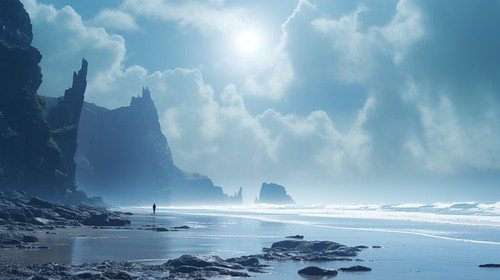 photograph of white sand beach, choppy sea and rocky cliffs, planet in the sky, sci-fi