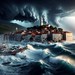 Fantasy, AI generated pictures of Korcula, Croatia flooded and battred by high waves