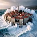 Fantasy, AI generated pictures of Korcula, Croatia flooded and battred by high waves