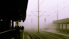 The small train station of Boeblingen on a foggy morning