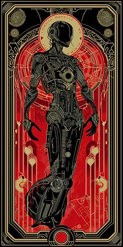 black gold and red cyberpunk neon tarot card design of Bella Thorne as a robot representing power, alphonse mucha --ar 1:2 --v 6.0