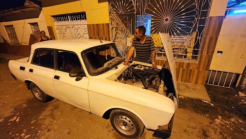 Russian Soviet Moskovitch Aleco car still with its original engine inside. Santa Clara, Cuba November 2023