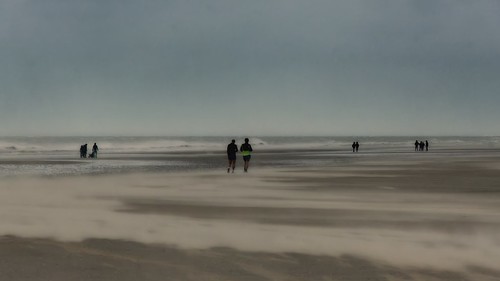Beach walkers braving the storm.