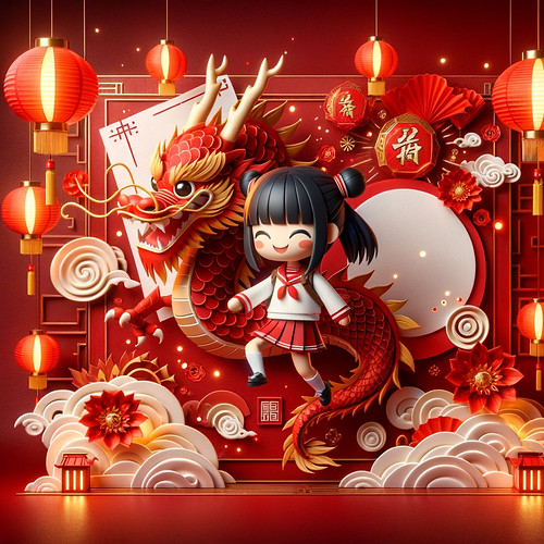 中國年，可愛的龍，穿制服的Q版日本女高中生