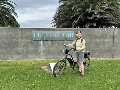 Jean and bike at Elephant Hill winery, Hawke’s Bay
