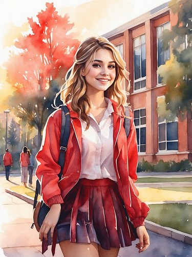 A pretty girl in a (red:2) school uniform, in the campus at sunset, happy, Three-quarter shot, Watercolor