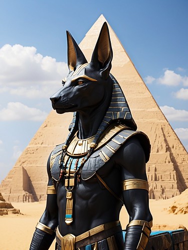 Anubis, in front of the Pyramid, looking into the distance, sci-fi style