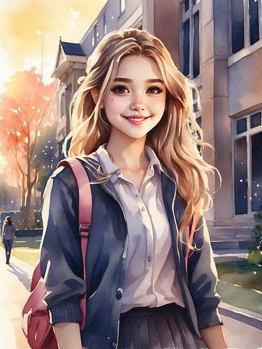 A pretty girl in a school uniform, in the campus at sunset, happy, Three-quarter shot, Watercolor