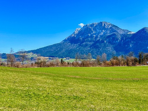 Mountain landscape with Zahmer Kaiser mountain range seen near Kiefersfelden in Bavaria, Germany