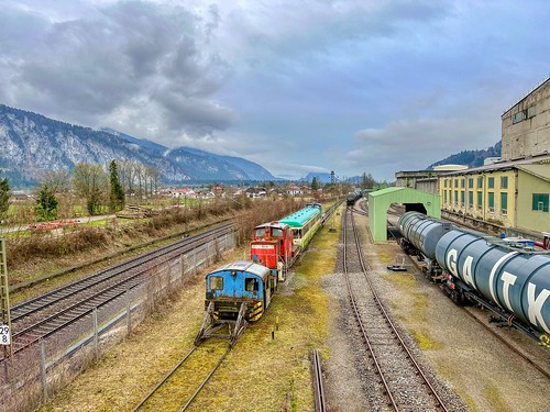 Rail yard with trains by the old cement mill in Kiefersfelden in Bavaria, Germany