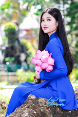 In the serene morning light, a lovely maiden, her delicate face framed by straight, silky black hair, stands by an ancient well and banyan tree. Clad in a blue Vietnamese dress, she holds a bouquet of pink lotus flowers, exuding innocence and cheer.
