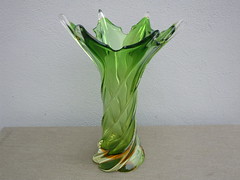 Vintage Green & Amber Tall Twisted Design Art Glass Vase Mid Century Modern