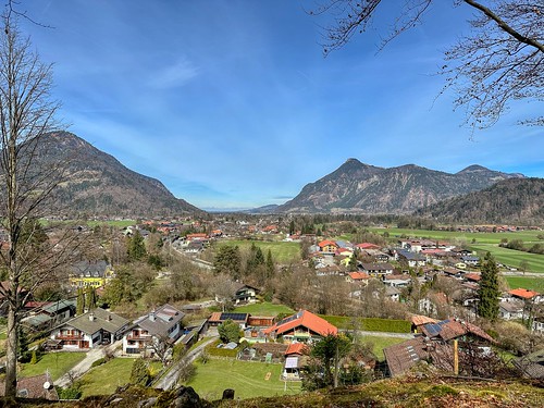 View over Oberaudorf in the river Inn valley with Wildbarren (left) and Kranzhorn mountain in Bavaria, Germay
