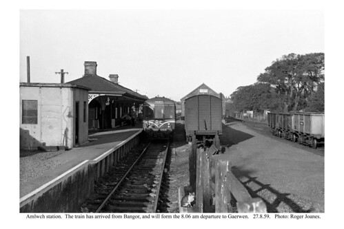Amlwch station looking towards Gaerwen, with train arrived from Bangor. 27.8.59