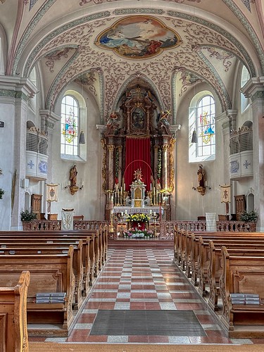 Interior of Holy Cross parish church in Kiefersfelden in Bavaria, Germany