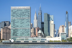 UN headquarters and Chrysler building on the banks of the East River