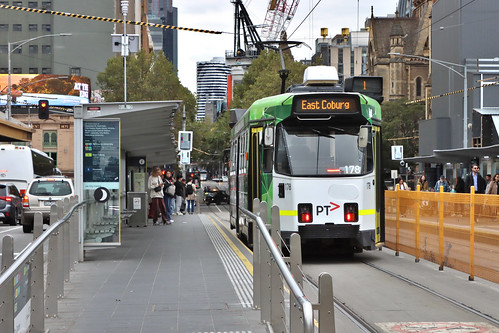 Z3-class tram #178 running a Route 1 service to East Coburg arriving at Flinders Street Station tram stop, Melbourne