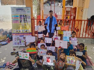 Blue Pen's volunteer, Shiv, organized a drawing competition for 5th-grade students in the Okhla Phase-I slum on April 21, 2024.