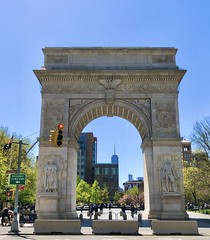 Washington Square Arch, with the World Trade Center in the distance.