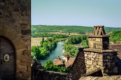 View from Château de Beynac over the pretty village of Beynac and the Dordogne River valley, film 1997, France