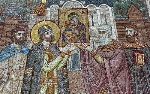 Saint Vladimir Church. Mosaic: Holy Prince Andrei Bogolyubsky transfers the icon of the Mother of Go