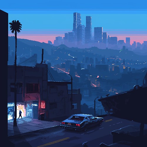 pixel art of Los Angeles downtown at night, in the cyberpunk style with neon lights buildings