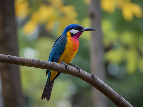 A vibrant, colorful bird with a long, curved beak perched on a delicate tree branch