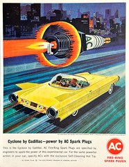 1964 Magazine ad for AC Spark Plugs featuring the Cadillac Cyclone Concept Car.