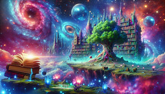 symmetrical angelic luminous psychedelic ultra detailed moebius watercolor enhanced super ultra blue blue electric blue sound vision ++ rainbow castle imagination station nexus gateway cosmic ocean star island dream world tree library labyrinth legendary