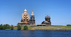 View of The Church of the Transfiguration, The Church of the Intercession and Belfry of the Kizhi Pogost, Karelia, Russia, June 2019