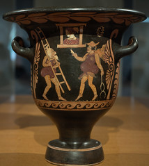 Paestan Red Figure bell krater representing a phlyax play with Zeus courting Alcmene assisted by Hermes, 1