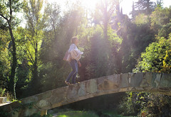 Kanitha's stroll across the arched stone bridge in the sunlit botanical garden