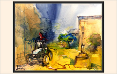 SANT MATEU DE BAGES-PINTURA-ART-TRACTOR-DESBROSSAR-PLAÇA-ESGLESIA-CANVI DE TEMPS-AQUAREL·LA-GOUACHE-PINTOR-ERNEST DESCALS