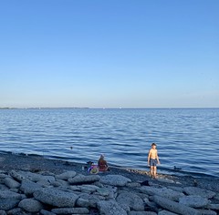 The boy, a woman and a duck on the beach