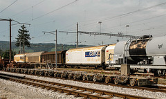 Transports Publics Fribourgeois  TPF rolbokken  voor het smalspoor traject Bulle-Broq Fabrique,  Bulle  10 september 2006