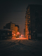 street lights on a snowy night