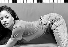 Linda Stunning African American Model Posing in Denim Blue Jeans and Brown Top on Red Futon Portrait Photoshoot Philly Studio Philadelphia B&W June 1994 047