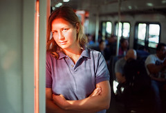 Antonia and the red train. 35mm film portrait.