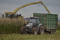 Krone Big X 780 SPFH filling a Broughan Engineering Mega HiSpeed Trailer drawn by a Lamborghini R6.150.7 Tractor