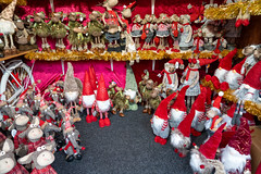 Cute plush reindeer and santa claus handmade Christmas decorations for sale from a vendor - Augsburg Germany Christmas market