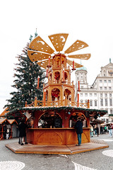 Augsburg, Germany - December 3, 2024: Christmas pyramid set up in the middle of the Augsburg Christmas market